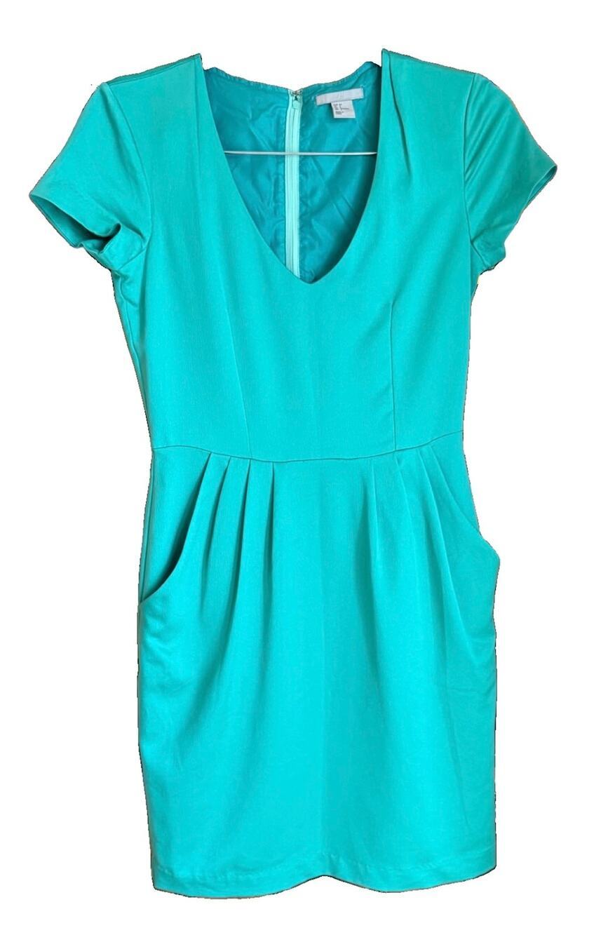 Teal Green Deep V-Neck Sheath Short Cap Sleeve Mini Dress Sz 4 Wedding Pockets
